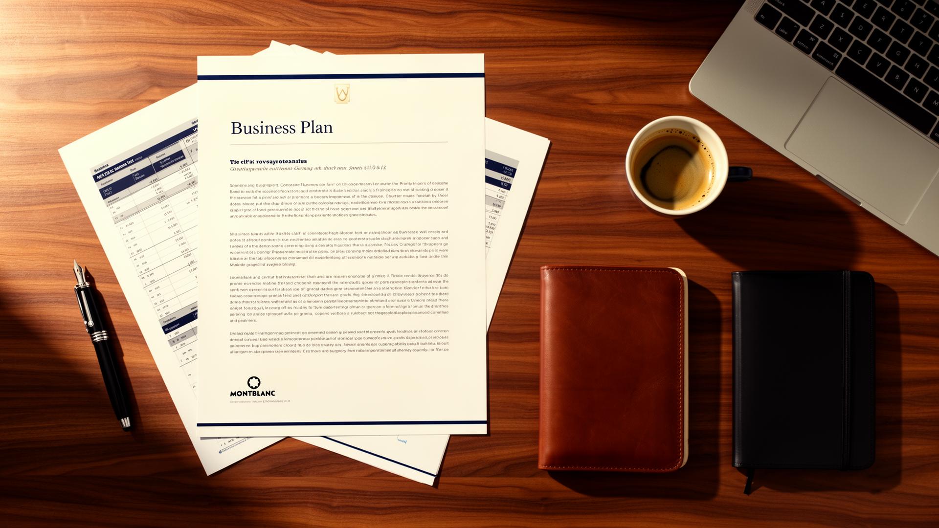 A custom business plan with colorful charts on a cream desk
